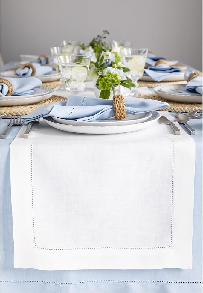 Solino Home Linen White Table Runner 60 Inches - Classic Hemstitch, 100% Pure Linen Coffee Table Runner 14 x 60 Inch Ideal for Dresser Tables - Fall, Halloween, Thanksgiving, Christmas, Holiday