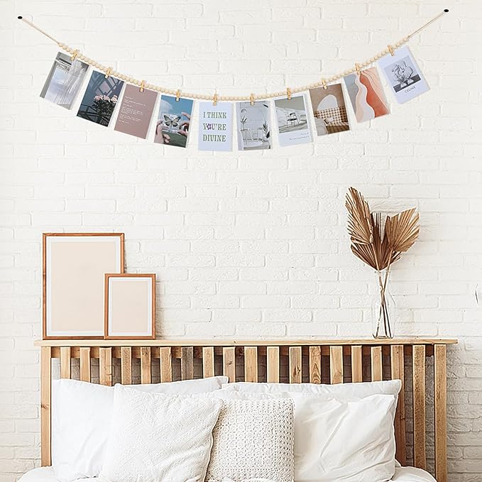 Hanging Photo Display with Clips, Boho Wooden Bead Garland Collage Picture Frame Wall Decor, Photo String with 10 Clips for Bedroom Room Dorm Cubicle Decor, Christmas Teen Girls Gifts