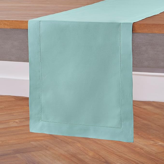 Solino Home Cotton Linen Pastel Turquoise Table Runner 72 Inches Long - Hemstitch Table Runner 14 x 72 Inch for Dresser, Dining