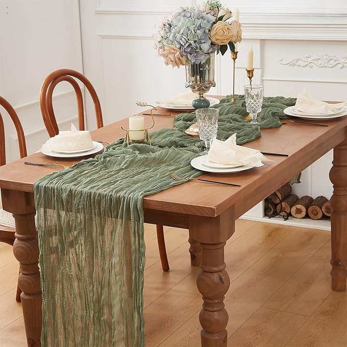 Sage Green 1 Pack Cheesecloth Table Runner 120 Inch 10 FT Boho Rustic Gauze for Wedding Baby Shower Party Farmhouse Summer Home Decor Washable