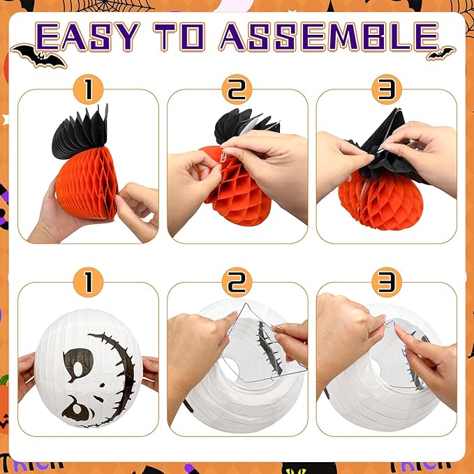 Halloween Office Decorations Indoor Kit - Pumpkin Lanterns, Bats Skull Head Banner, Spider Pumpkin Hanging Happy Halloween Banner For Office Classroom Home 14PCS