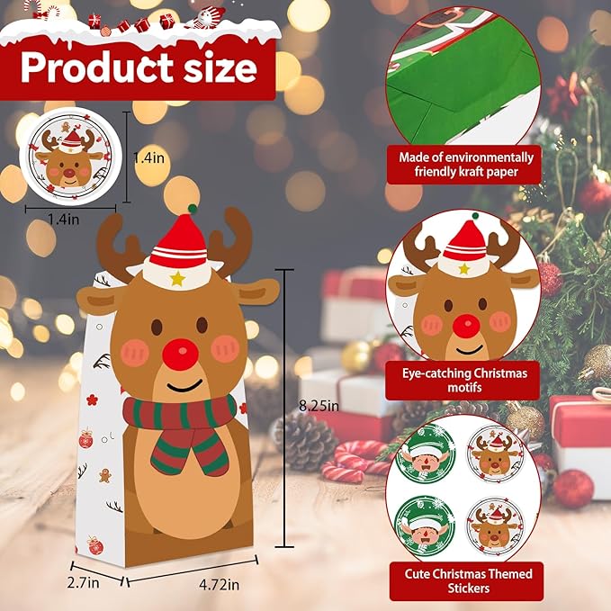 Tikitup 24PCS Christmas Treat Bags,24PcS Christmas Stickers,Xmas Cookies Wrapping Gift for Classrooms Holiday Party Supplies