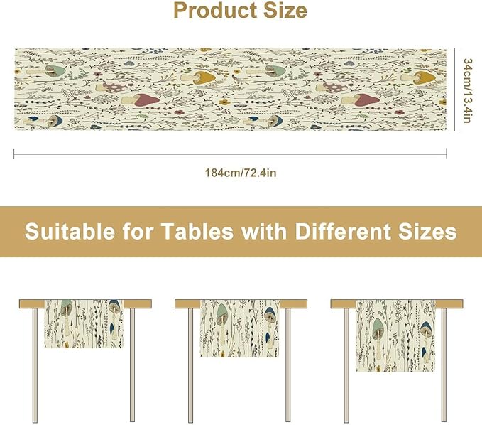 Mushroom Table Runner,Colorful Wild Plants and Fungus Botanical Plants Pattern Print Burlap for Hotel Indoors Outdoor Dining Room Kitchen Holiday Party, 13x60in