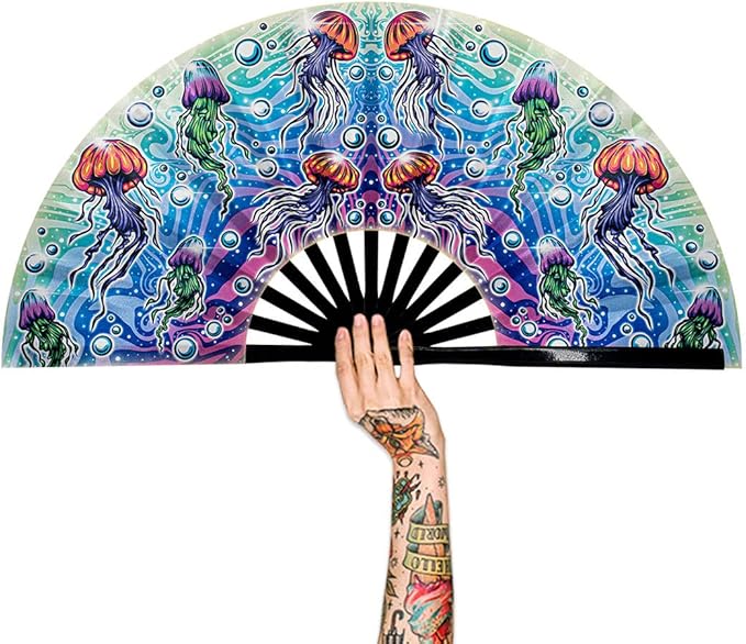 13" Large Rave Fan Bamboo, Folding Clack Hand Fans Foldable for Men Women, Boots on the Ground Poping Fan for EDM Festival Line Dance Decoration, (Jellyfish, Large 13")
