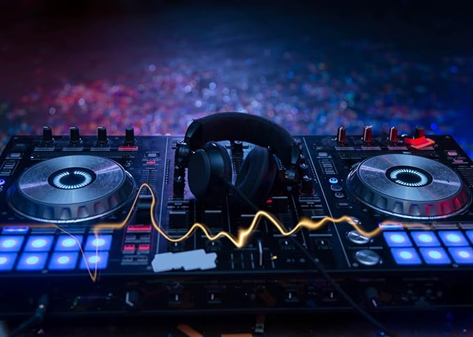 CORFOTO 10x6.5ft Fabric Dj Mixer with Headphones Backdrop Photography Dj Sound Equipment in Dark Background Musical Dance Disco Party Decorations Live Concert Stage Photoshoot Booth Studio Props