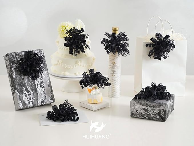 HUIHUANG Black Bows for Gift Wrapping Curly Gift Bow 5 inch x 8 Counts Self-Adhesive Ribbon Bows for Presents, Paper Bag, Party Favors, Wrapping Accessories, Holiday Wedding Decoration