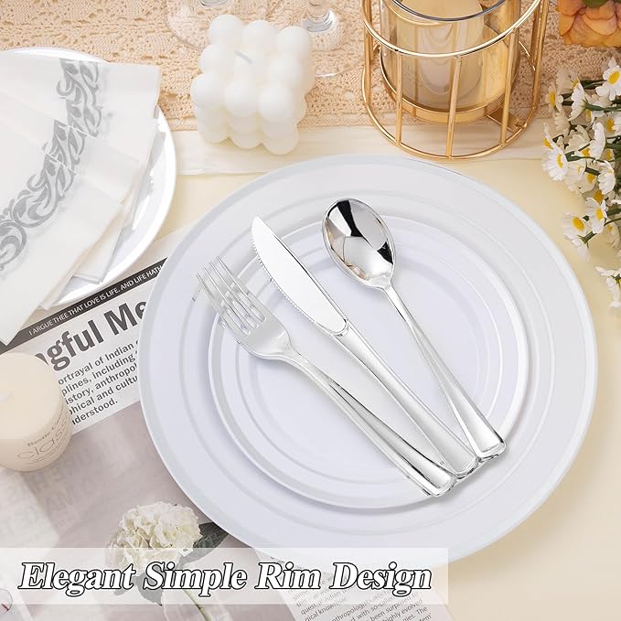 200PCS Silver Plastic Plates Set, 100 10.25 inch Dinner Plates and 100 7.5 inch Dessert Plates, Premium Disposable Plates for Party, Wedding