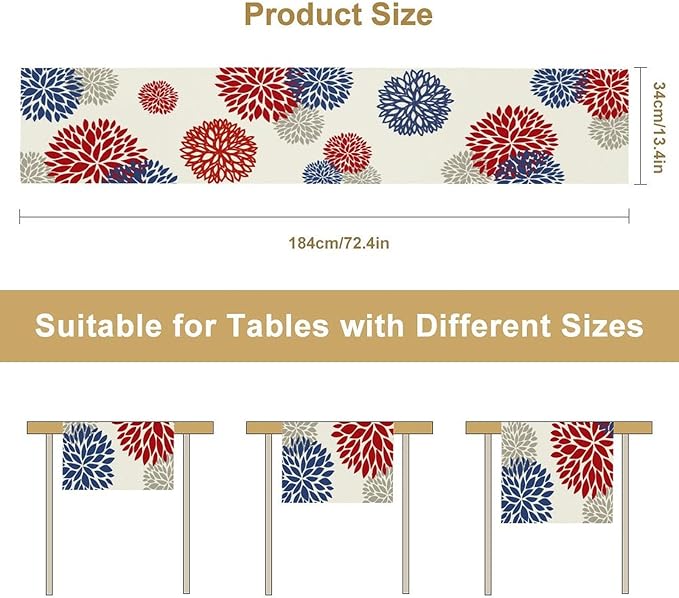 4th of July Table Runner, Blue Red Dahlia Flower American Patriotic Memorial Day Table Runner for Farmhouse Kitchen Dining Table Party Decor, 13x120inch