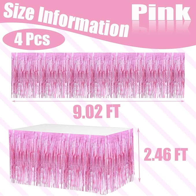 4 Pack 29x108 Inch Valentine's Day Metallic Foil Fringe Tinsel Table Skirts for Rectangle Tables Streamer Curtains Backdrop for Wedding, Birthday, Parade Floats Mardi Gras Party Decorations(Pink)