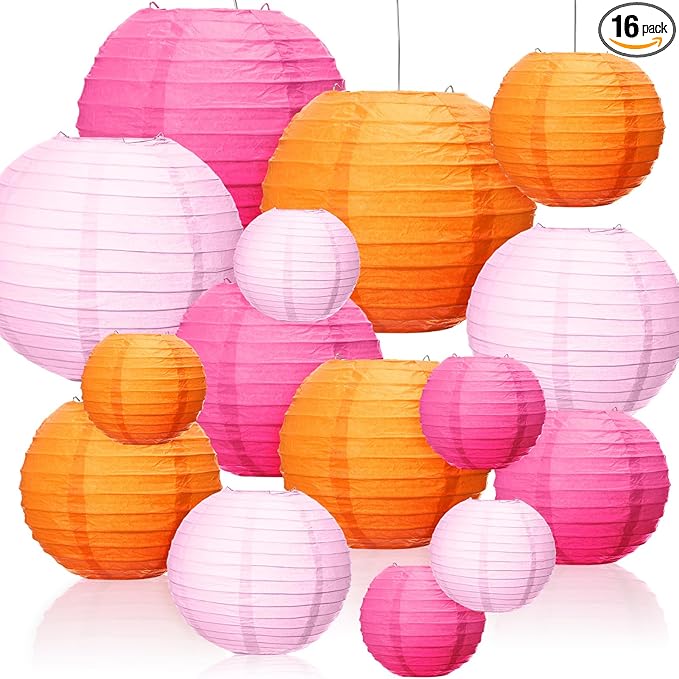 Riakrum 16 Pcs Pink and Orange Paper Lanterns Birthday Party Decorations Mixed Size 6'' 8'' 10'' 12'' Colorful Chinese Hanging Paper Lanterns for Wedding Home Decorations Supplies