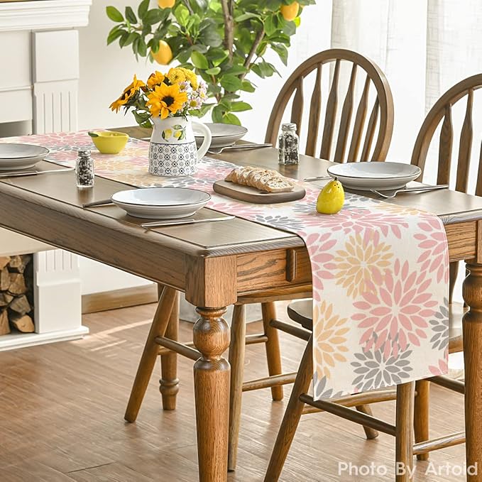Artoid Mode Pink Dahlia Floral Pinnata Summer Table Runner, Spring Kitchen Dining Table Decoration for Home Party Decor 13x36 Inch