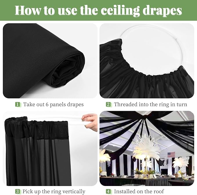 6 Panels Black Wedding Ceiling Drapes 5ftx40ft Ceiling Drapes Chiffon Fabric Arch Draping Sheer Curtains Soft Drapery Draping Wedding Ceiling Decorations for Party Ceremony Stage Swag