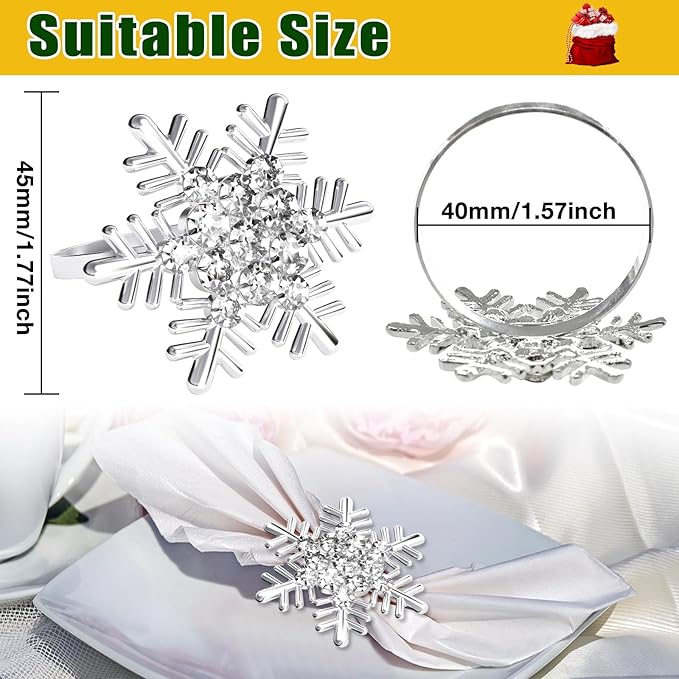 Halatool Christmas Napkin Rings Set of 12, Silver Snowflake with White Rhinestone Napkin Holder for Christmas Thanksgiving Winter Holiday Place Setting, Weddings, Party Table Decoration