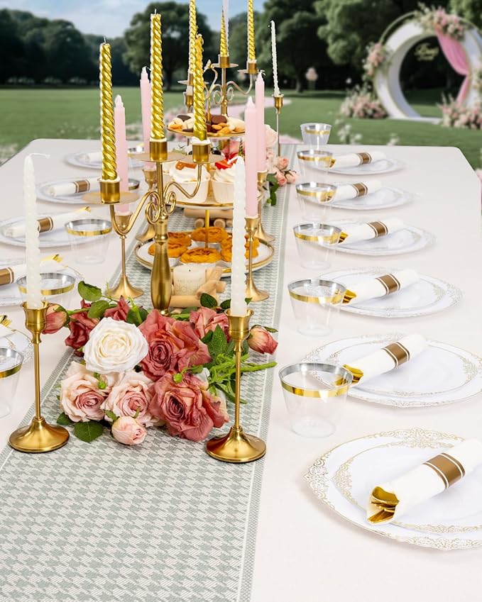 Goodluck 350 Piece Gold Plastic Dinnerware Set for 50 Guests, Fancy Disposable Plates, Include: 100 Gold Rim Plastic Plates, 150 Silverwares, 50 Pre Rolled Napkins, 50 Cups for Party, Wedding