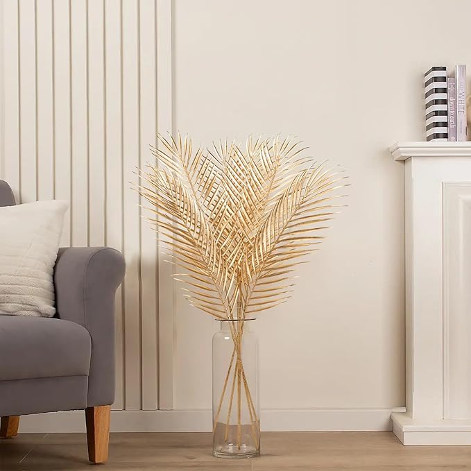 29” Large Gold Palm Leaves Palm Fronds Tropical Leaves Areca Palm Branches Artificial Palm Leaves with Stem Golden Palm Tree Leaves Faux Palm Leaves for Floral Arrangement Fake Gold Leaves 6Pcs