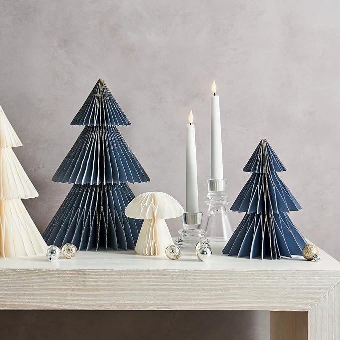 LampLust Winter Ornaments, 2 Pack Dusty Blue Honeycomb Paper Trees, 6 & 8 in, Blue Winter Wonderland Decorations, Table Centerpieces Decorations for Home Mantel Decor