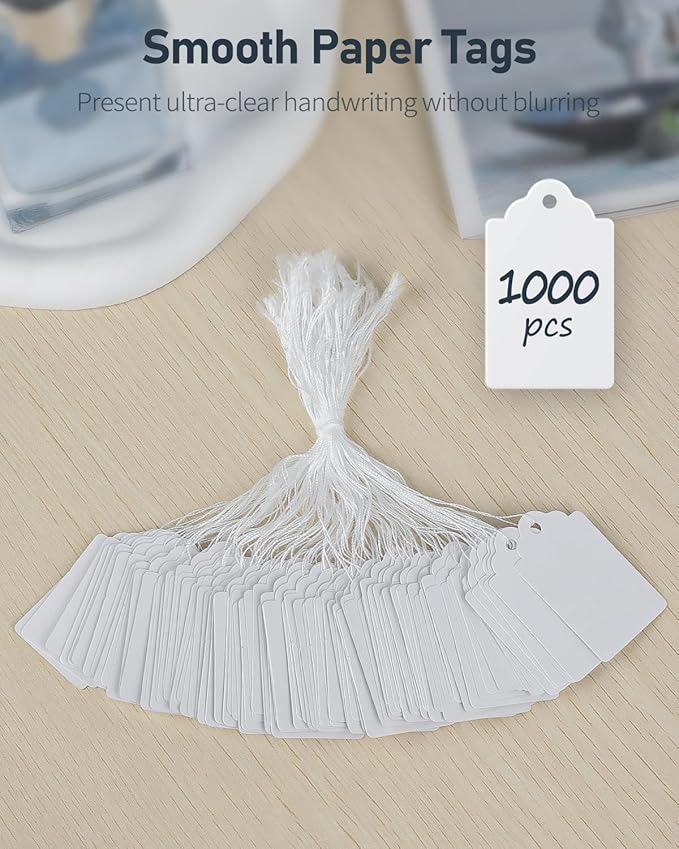 Uniclife 1000 Pcs Price Tags 1.8 Inch Writable Price Labels White Price Display Tags for Pricing Clothing Jewelry Gifts Blank Hang Tags Merchandise White Marking Tags with Strings, 1.8" x 1.05"
