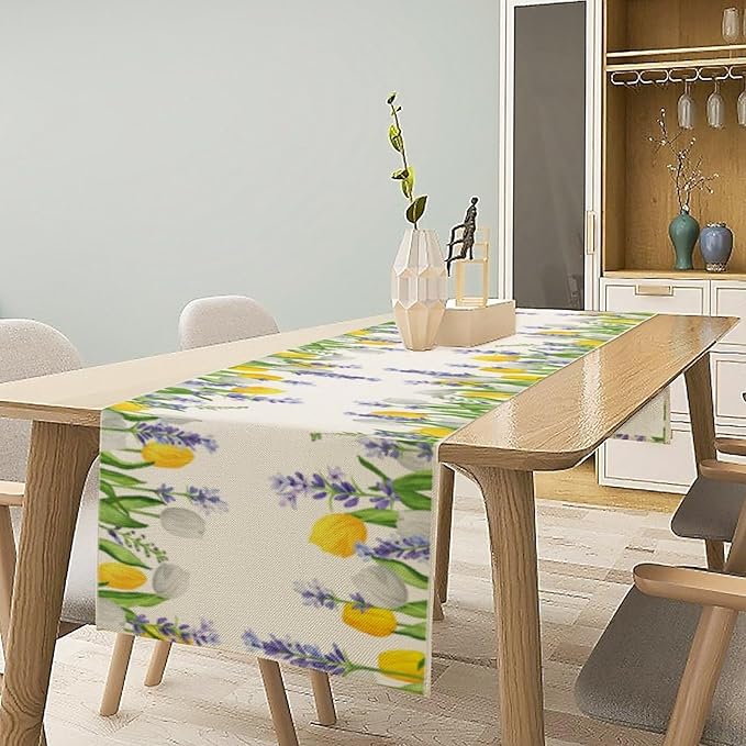 Floral Tulip Lavender Table Runner, Spring Watercolor Flower Plants Nature Butterfly Table Runner for Kitchen Dinner Living Room Home Party, 13x120 Inch