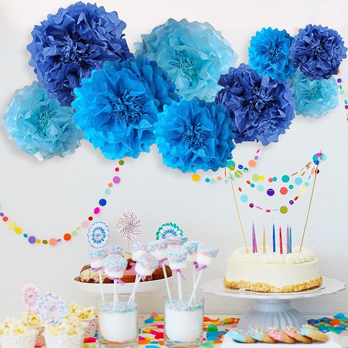 Blue Paper Flower Pom Poms Wall Decorations for Baby Showers, Weddings, Birthdays, Bridal, Tea Parties, Engagement, Home Decor