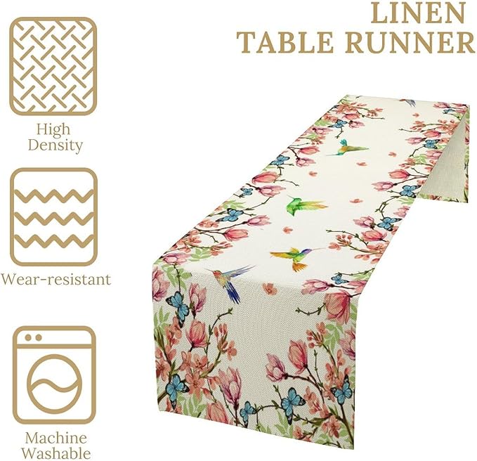 Vintage Watercolor Flower Hummingbird Table Runner Seasonal Spring Garden Plants Birds Florals Farmhouse Country Kitchen Dinner Runner Dining Table Decoration 13"x70"