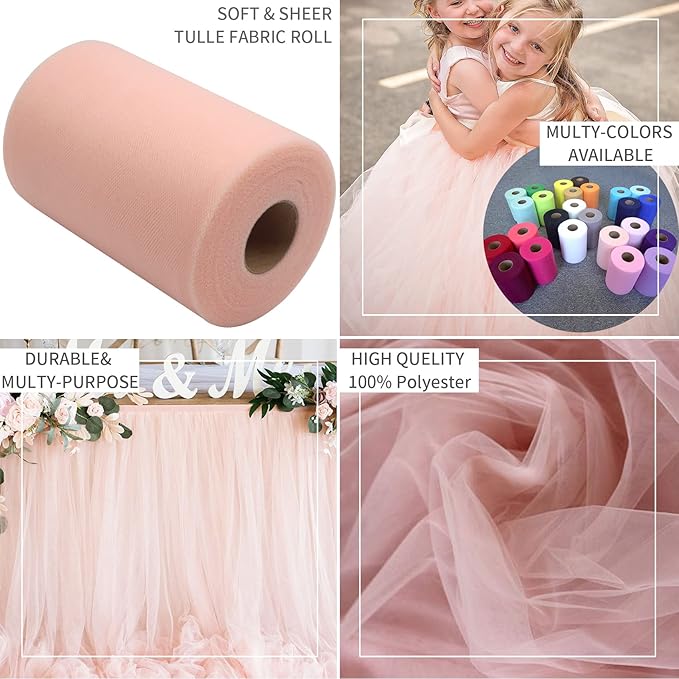 Blush Tulle Fabric Rolls 6 Inch by 200 Yards (600 feet) Fabric Spool Tulle Ribbon for DIY Blush Tutu Bow Baby Shower Birthday Party Wedding Decorations Craft Supplies
