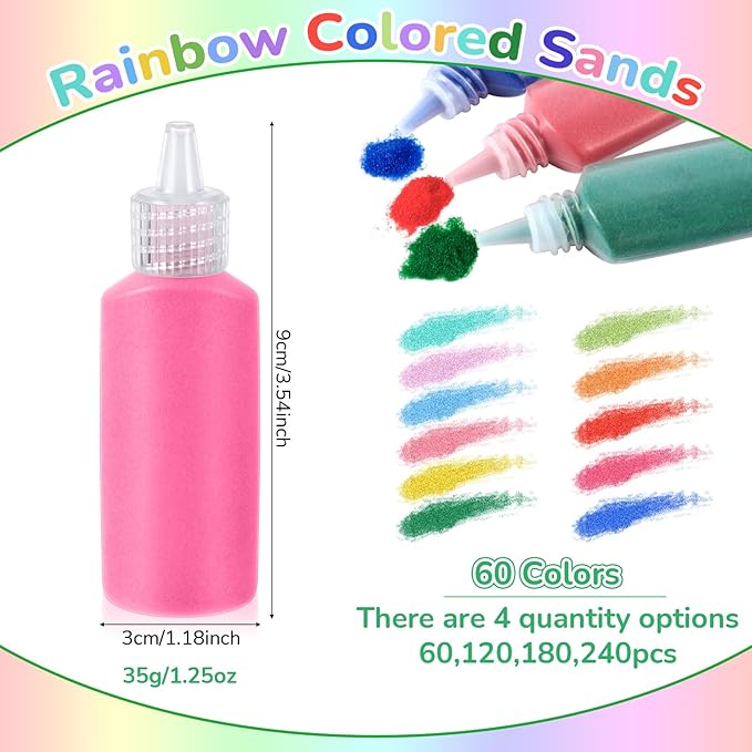Wettarn 120 Pcs 1.25 oz Sand Art Bottle Kits 60 Colors of Sand and Bottle for Rangoli Art Painting DIY Drawing Favor Diwali Wedding Decoration Vase Glass Crafty Collection (Multicolor)