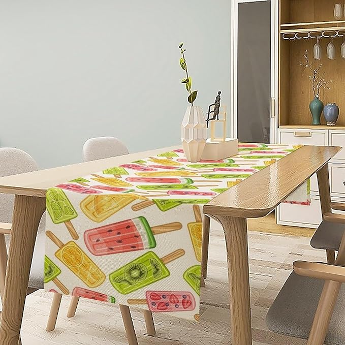 Ce Cream Table Runner, Cold Fruity Popsicles Summer Sweet Seasonal Dinner Runner for Party Holiday Home Kitchen Dining Table Decor 13"x90"