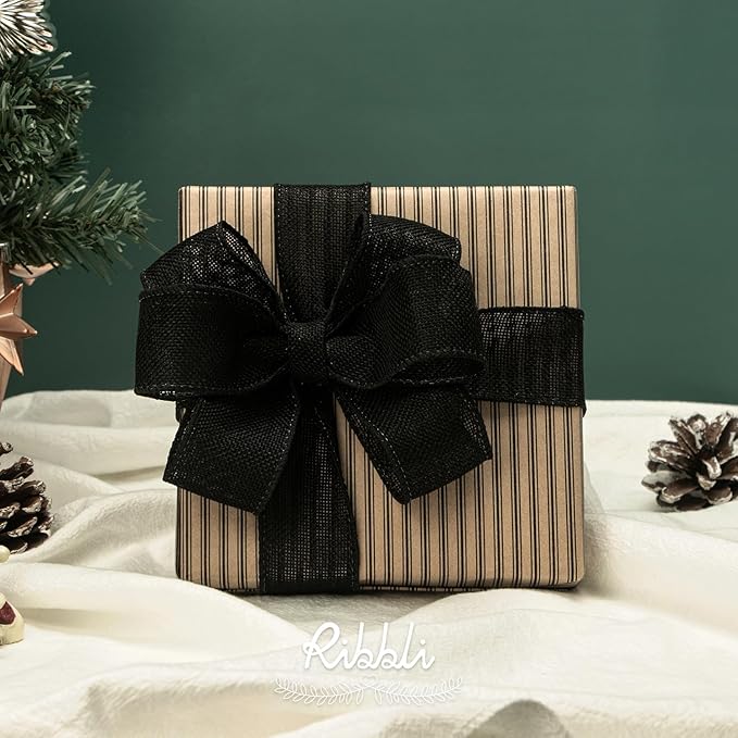 Ribbli Black Burlap Wired Ribbon,1-1/2 Inch x 10 Yard, Wired Edge Ribbon for Big Bow,Wreath,Tree Decoration,Outdoor Decoration