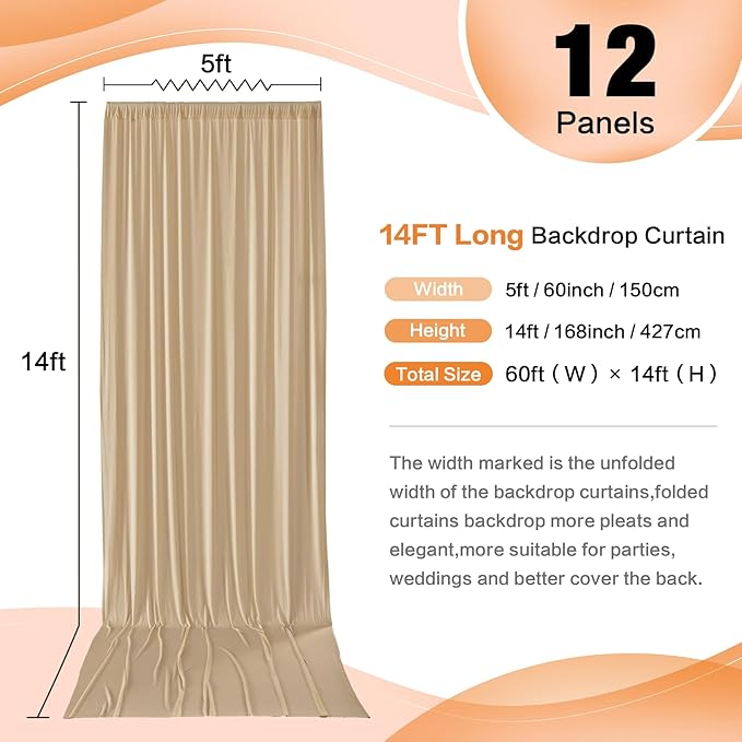 60×14 ft Wrinkle Free Beige Backdrop Curtain for Weddings Parties, 12 Panels 14ft Silky Polyester Wedding Drapes Backdrop Photo Back Drop Cloth for Birthday Baby Shower Photography Backgrounds