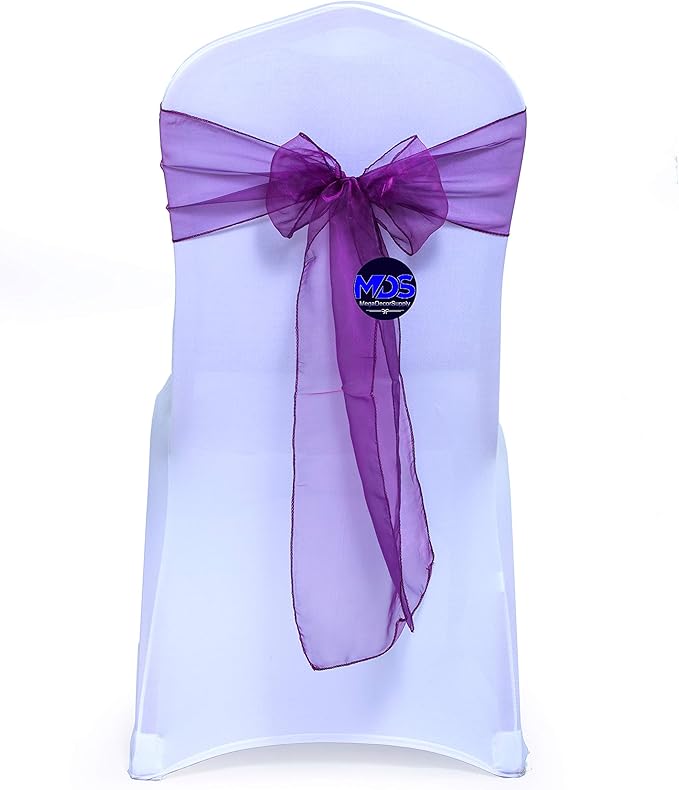 MDS Pack of 25 PCS Organza Chair Sashes Wider Dining Chair Bows Ribbon Tie Back for Wedding Party Birthday Bridal Shower Reception Event Banquet Home Chair Cover Decoration - Dark Purple