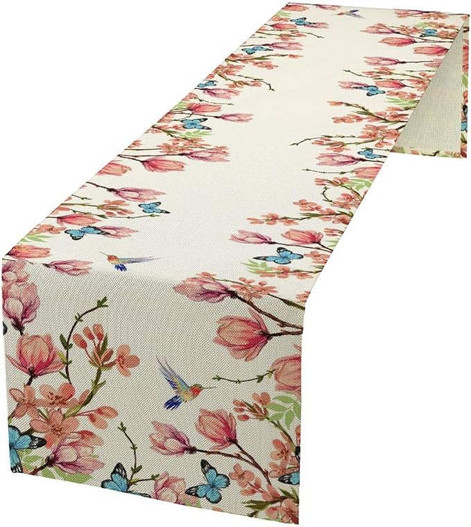 Spring Floral Bird Table Runner, Watercolor Pink Flower Plants Nature Butterfly Table Runner for Kitchen Dinner Living Room Home Party, 13x70 Inch