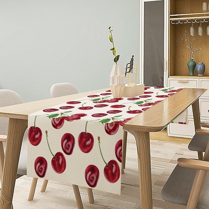 Red Cherry Table Runner Watercolor Tropical Fruit Spring Summer Wild Berry Dinner Runner for Girl Baby Shower Party Holiday Home Kitchen Dining Table Decor 13x36