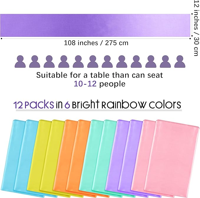 Aneco 12 Pack Satin Table Runner 12 x 108 Inch Pastel Rainbow Long Wedding Satin Silk Table Runner for Wedding Banquet Graduations Birthday Party Decoration