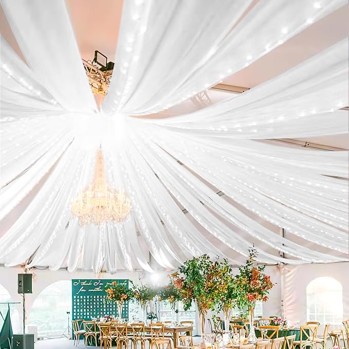 8 Panels White Ceiling Drapes for Wedding 5ftx30ft Sheer Drapery Chiffon Fabric Arch Draping Curtains for Party Ceremony Birthday Baby Shower Reception Stage Ceiling Decorations