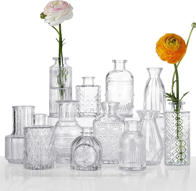 12 Pcs Small Glass Bud Vase Set of，Mini Vintage Vases in Bulk, Clear Bud Vases for Centerpieces， Rustic Wedding Decorations，Home Table Flower Décor.
