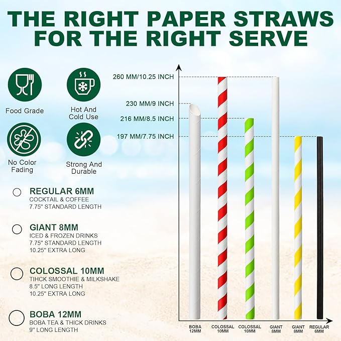 [10mm Wide] 8.5 inch Colossal Paper Straws for Smoothie & Milkshake - Colorful Stripes (Pack of 100)