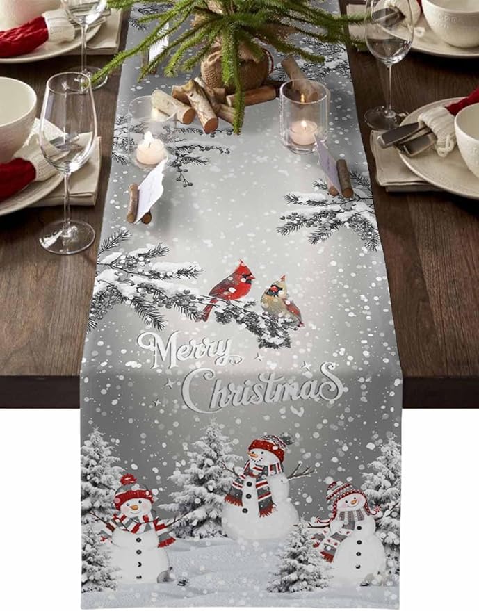 Christmas Snowman Cotton Linen Table Runner for Dining Kitchen, Snowflakes Xmas Pine Tree Wedding Outdoor Party Tablerunner Decoration Winter Bird Dresser Scarf Coffee Tablecloth Runners 13x48 Inches
