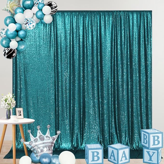 SquarePie Sequin Backdrop Curtain Not See Through Thick Glitter Background for Party 7FT x 7FT Teal