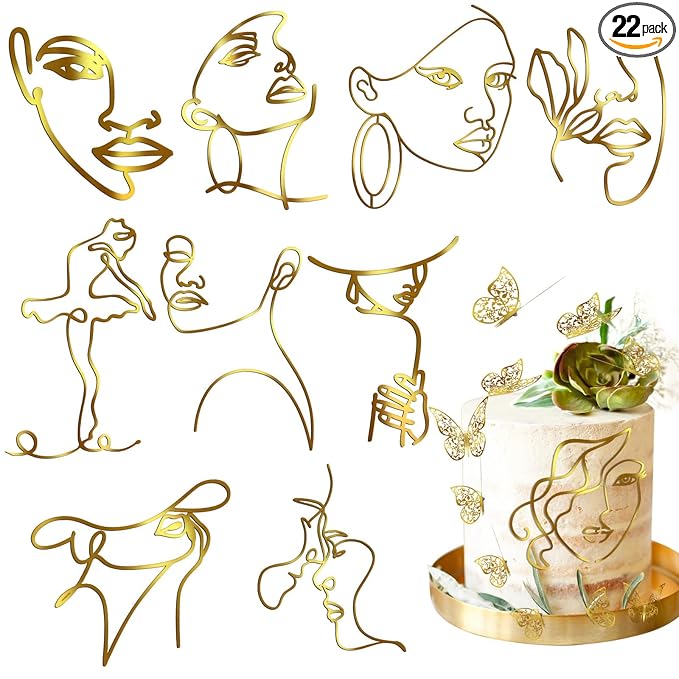 Kigley 22 Pcs Minimalist Art Lady Face Cake Topper Butterflies Cake Decoration Acrylic Wedding Birthday Boho Cake Toppers for Women Bridal Shower Party Supplies (Gold)