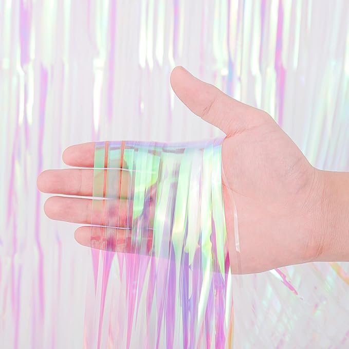 2 Pack Iridescent Transparent Foil Fringe Backdrop Curtains, Tinsel Streamers Birthday Party Decorations, Fringe Backdrop for Graduation, Baby Shower, Gender Reveal, Disco Party