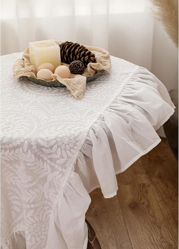 patdrea Vintage Ruffle Tablecloth for Square Tables,Farmhouse Embroidered Cotton White Lace Table Cloth Cover Decor for Dining Room Wedding Banquet Thanksgiving Christmas,59"*59"
