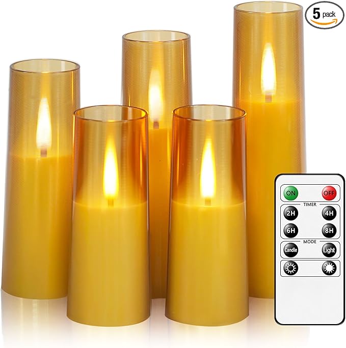Flameless LED Candles, Upgraded Realistic Flickering Flame Battery Operated Candles with Remote Timer, Acrylic Electric Set of 5 for Romantic Ambiance and Home Decoration (Gold)