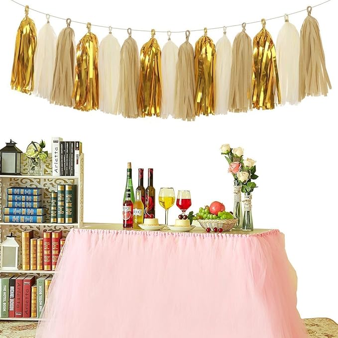 Shiny Tassel Garland Tissue Paper Tassels Banner Decoration for Birthday Party, Bridal Shower, Table Decor, Metallic Gold+Tan+Ivory, 15 pcs