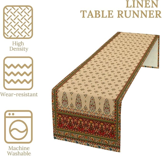 Boho Paisley Table Runner, Vintage Western Brown Dark Red Beige Flowers Leaves Print Table Runner for Kitchen Dining Table Wedding Holiday Party Decor, 13x60inch