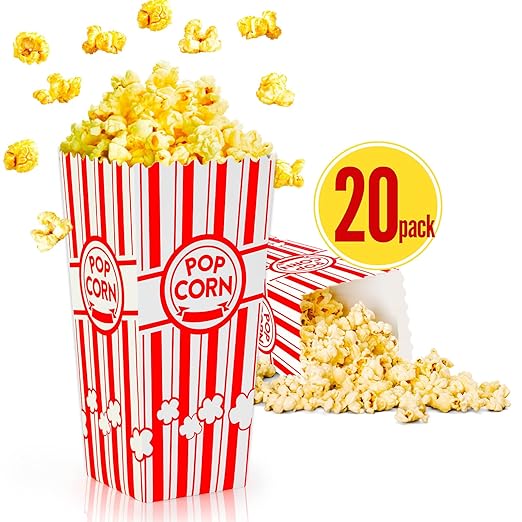 ZEEGO0 20-Pack Popcorn Boxes, Sturdy and Durable Popcorn Bucket, 7.75in Tall Large Capacity Popcorn Containers, Cups & Bowls, Convenient Movie Night Supplies, Perfect for Families, Parties, Carnivals