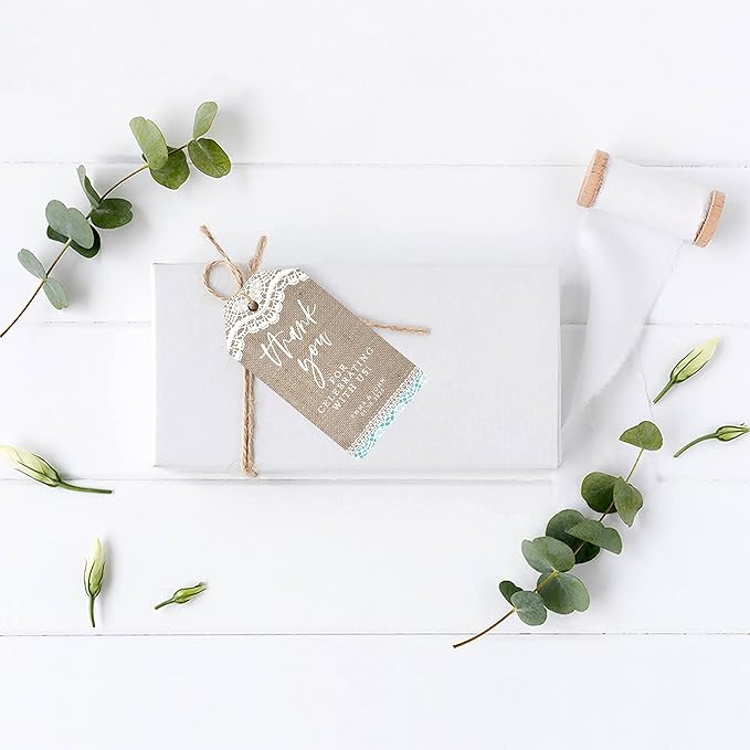 Andaz Press 100-Pack Personalized Thank You Tags with Bakers Twine Burlap Lace Custom Cardstock Wedding Gift Tags for Wedding Party Favors 2 x 3.75-Inches