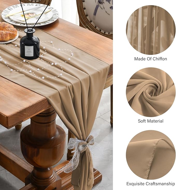 6 Pack 10 Ft Chiffon Table Runner Beige Gauze Long Table Runners 27x120 Inches Sheer Tulle Table Runner for Rustic Wedding Reception Bridal Shower Decorations Birthday Party