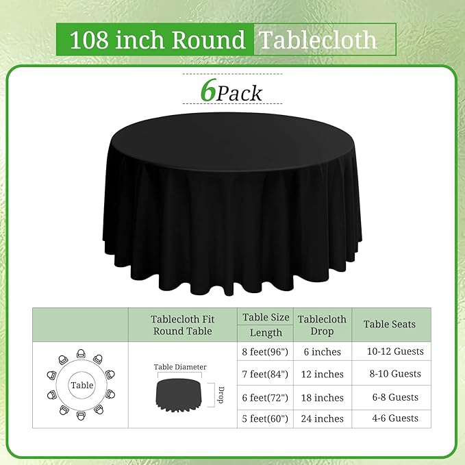 6 Pack Round Tablecloths - 108 Inch, Black Polyester Table Cover for Round Table, Stain and Wrinkle Resistant Washable Fabric Table Cloth, Polyester Tablecloth for Wedding Banquet Parties