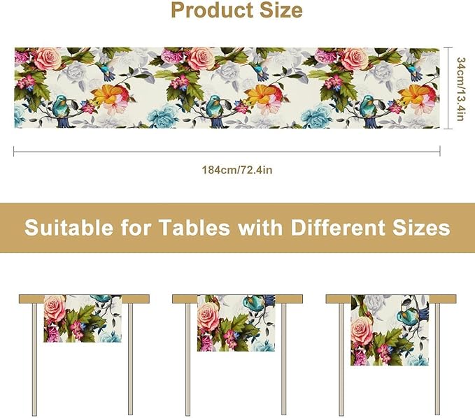 Hummingbird Table Runner,Vintage Floral Country Style Table Cloth Home Kitchen Restaurant Party Decoration 13x108 Inch