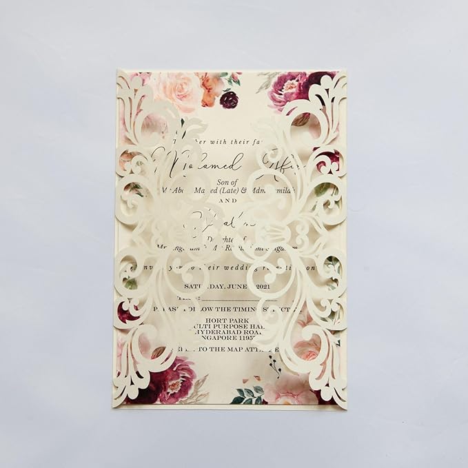25PCS Pearl Ivory Laser Cut Wedding Invitations Cards with Envelopes,Blank Inner Sheets,Ribbons for Wedding Bridal Shower Quinceañera Engagement Birthday Invites